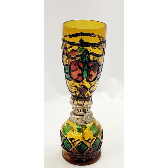 Vintage Sailboat Miniature Amber Stained Glass Oil Lamp Hong Kong 8.5" Tall - Picture 1 of 11